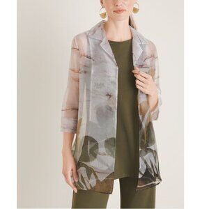 Sheer Printed Open-Front Jacket in Olive Multi